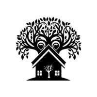 Respetuoso del medio ambiente casa con frondoso árbol logo. verde hogar icono en vector formato para sostenible arquitectura, ambiente conservación, real bienes, y paisajismo diseños