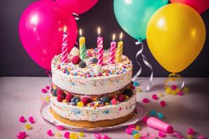 Birthday cake with candles, balloons and confetti on the table. photo