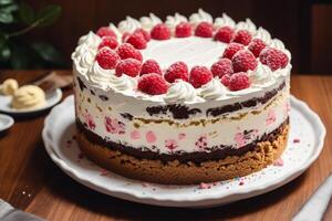 Piece of cake on a white plate on a wooden table. Homemade cake with nuts and honey. photo