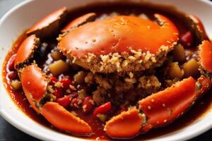 A bowl of crab stew with a red sauce and green onions. photo