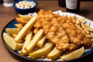 A plate of fish and chips with a bottle of ketchup in the background. photo