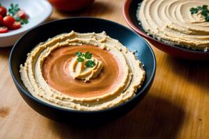 A bowl of hummus sits on a wooden table. photo