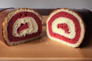 A swiss roll on a white plate on a wooden table. Homemade chocolate roll. Red velvet cake. photo