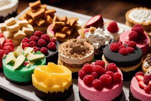 Assortment of cakes with different fillings on a wooden table. Homemade cake. photo