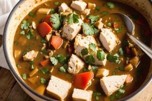 Curry with chicken and vegetables in a bowl on a wooden table. Gumbo. Vegetable soup. Seafood soup photo