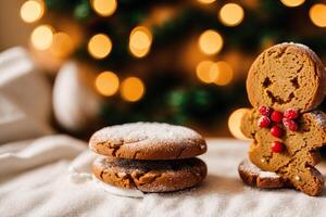 Christmas gingerbread cookies with icing sugar on the background of the Christmas tree. gingerbread man. photo