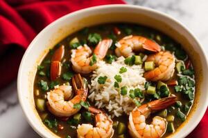 Curry with chicken and vegetables in a bowl on a wooden table. Gumbo. Vegetable soup. Seafood soup photo