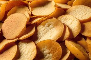 Potato chips in a bowl on a wooden background. photo