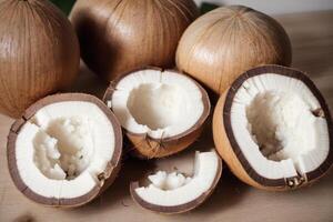 Almond nuts in white bowl on wooden table. Healthy snack. photo