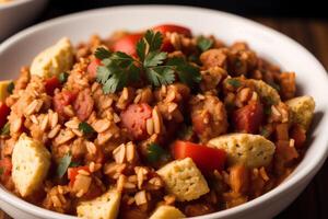 Pilaf with meat and vegetables in a pan on a wooden table. jambalaya. photo