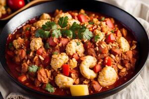 Pilaf with meat and vegetables in a pan on a wooden table. jambalaya. photo