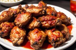 Grilled chicken wings with sweet and sour sauce on a white plate.Grilled sausages , Delicious barbecue ribs. photo