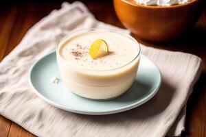 Delicious panna cotta with lemon and cocoa powder on wooden table. Dessert, sweet food. photo