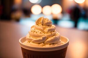 delicious ice cream in a cup, close-up, on the table. sweet food. photo