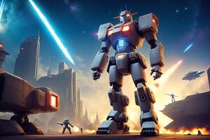 A robot, warior with armour and weapon.astronaut in space. Wars in space. Humanoid. Digital art, Fantasy art, Anime, photo