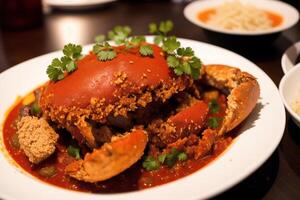 A bowl of crab stew with a red sauce and green onions. photo