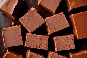 Fudge on a white plate on a wooden table. Homemade fudge cookies, candies with nuts. photo