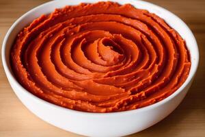 A bowl of hummus sits on a wooden table. photo