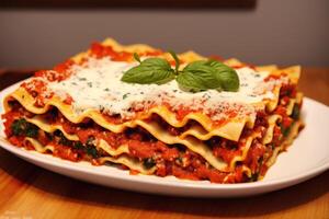 A stack of lasagna with a slice of lasagna on top on a wooden table. photo