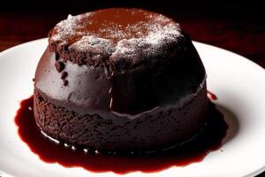 Piece of cake on a white plate on a wooden table. Homemade cake with nuts and honey. photo