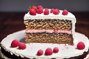 Piece of cake on a white plate on a wooden table. Homemade cake with nuts and honey. photo