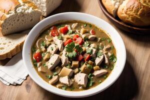 Curry with chicken and vegetables in a bowl on a wooden table. Gumbo. Vegetable soup. Seafood soup photo