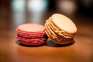 vistoso macarrones en un lámina. dulce galletas. generativo ai foto