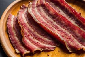 Delicious slices of smoked bacon on a wooden table. photo