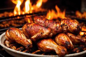 Grilled chicken wings with sweet and sour sauce on a white plate.Grilled sausages , Delicious barbecue ribs. photo