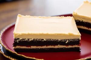 Piece of cake with strawberries and blueberries on a wooden background. Chocolate cake, Tiramisu cake. photo