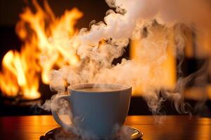 Coffee cup with steam on wooden table and black background. photo