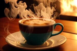 Coffee cup with steam on wooden table and black background. photo