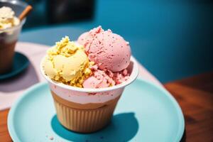 delicious ice cream in a cup, close-up, on the table. sweet food. photo