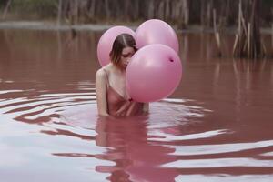 ai generado mujer con rosado globos foto