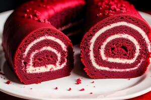 A swiss roll on a white plate on a wooden table. Homemade chocolate roll. Red velvet cake. photo