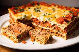 A stack of lasagna with a slice of lasagna on top on a wooden table. photo