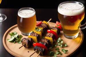 A plate with shish kabob on a wooden table. Meat sticks. photo