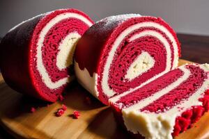 A swiss roll on a white plate on a wooden table. Homemade chocolate roll. Red velvet cake. photo