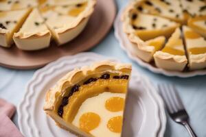 Delicious homemade tartlets on table, closeup. Delicious dessert. close up of a fresh baked apple tart. photo