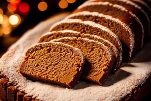 Christmas gingerbread cookies with icing sugar on the background of the Christmas tree. gingerbread man. photo