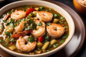 Curry with chicken and vegetables in a bowl on a wooden table. Gumbo. Vegetable soup. Seafood soup photo