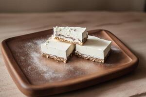 cerca arriba de un chocolate turrón en un de madera mesa. generativo ai foto