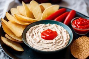 Potato chips in a bowl on a wooden background. photo