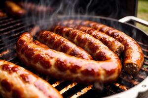 Grilled chicken wings with sweet and sour sauce on a white plate.Grilled sausages , Delicious barbecue ribs. photo