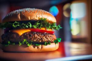 Closeup of tasty hamburger with cheese and vegetables on black background. photo