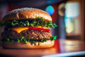 de cerca de sabroso hamburguesa con queso y vegetales en negro antecedentes. generativo ai foto