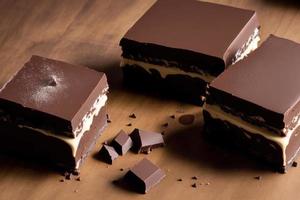 Chocolate bars and chocolate pieces on a wooden background, sweet food. Chocolate cake, Tiramisu cake. Generative AI photo