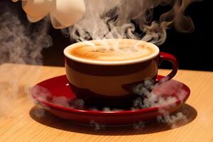 Coffee cup with steam on wooden table and black background. photo