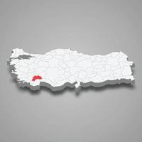 Burdur region location within Turkey 3d map vector