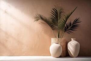 indoor view with pot and palm leaves photo